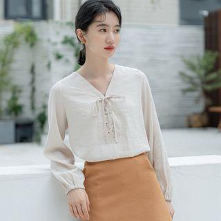 V-neck Lace-up Plain Blouse Almond - One Size