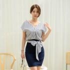 V-neck Tie-waist Two-tone Dress