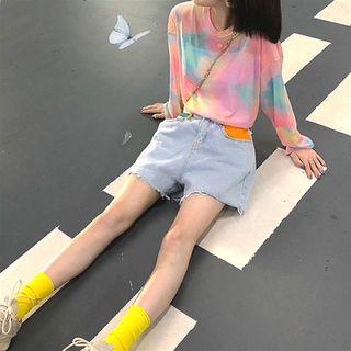 Gradient Long-sleeve Loose-fit Top / Color-block Denim Shorts