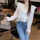 Bell-sleeve V-neck Ruffled Chiffon Blouse
