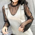 Lace Trim Long-sleeve Mesh Top Black - One Size