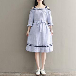 Striped Cold Shoulder 3/4-sleeve A-line Midi Dress
