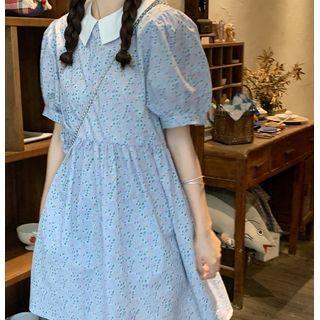 Short-sleeve Collared Floral Print Midi A-line Dress Blue - One Size