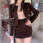 Button-up Jacket / Mini Skirt / Lace Trim Knit Top