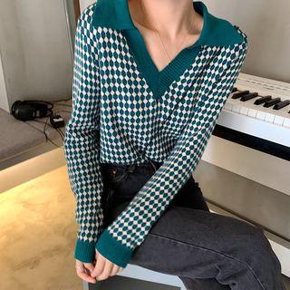 Polo Collar Plaid Knit Top As Shown In Figure - One Size