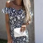 Short-sleeve Off-shoulder Floral Drawstring Mini Bodycon Dress