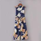Sleeveless Crane Print Wide-leg Jumpsuit