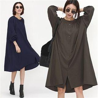 Round-neck Shirred-trim Shirtdress