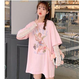 Angel Print Elbow-sleeve T-shirt / Long-sleeve Lace Top