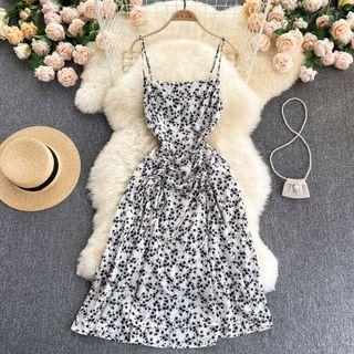 Drawstring Ruched Floral Spaghetti-strap Dress