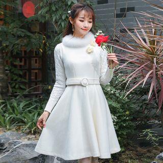 Long-sleeve Furry-trim Knit Panel A-line Dress
