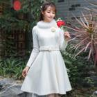 Long-sleeve Furry-trim Knit Panel A-line Dress