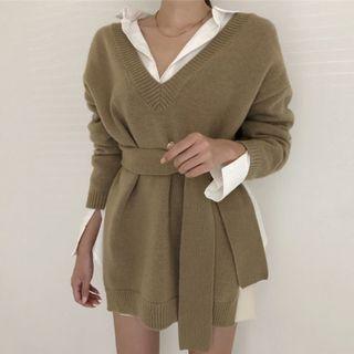 Long-sleeve Tie Waist Plain Knit Top