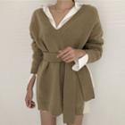 Long-sleeve Tie Waist Plain Knit Top
