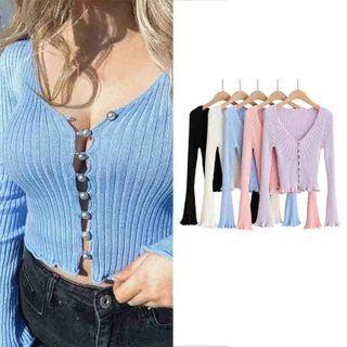 Faux Pearl Buttoned Ribbed Cardigan