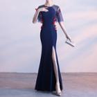 Elbow-sleeve Flower Applique Even Gown