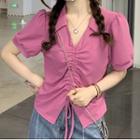 Short-sleeve V-neck Collared Blouse