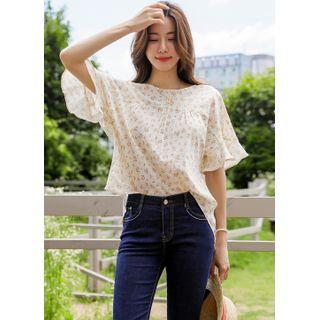 Bell-sleeve Pintuck Floral Blouse Cream - One Size