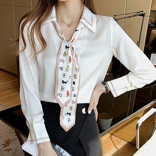 Long-sleeve Tie-neck Car Print Chiffon Blouse