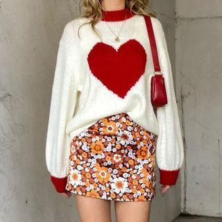 Heart Printed Turtleneck Long-sleeve Knit Top
