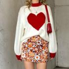Heart Printed Turtleneck Long-sleeve Knit Top