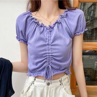 Ruffle Trim Drawstring Short-sleeve Top