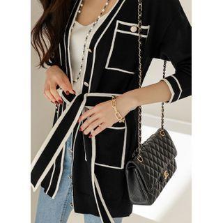 Contrast-trim Pocket-detail Long Cardigan With Sash
