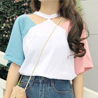 Cut Out Shoulder Color Panel Elbow Sleeve T-shirt