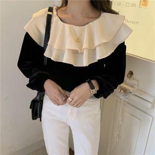 Ruffle Collar Velvet Blouse Black - One Size