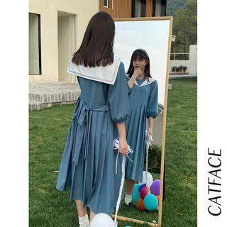 3/4-sleeve Sailor Collar Midi A-line Pleated Dress