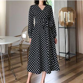 Long-sleeve Dotted V-neck Midi A-line Dress