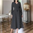 Long-sleeve Dotted V-neck Midi A-line Dress