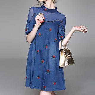 Embroidered Short-sleeve Mesh Panel Denim Dress