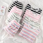 Set:color-block Striped Long-sleeve Top + High-waist Pants