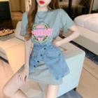 Short-sleeve Lettering Mini T-shirt Dress / Button-up Denim Mini Skirt