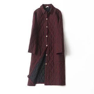 Plaid Midi Button Coat Gingham - Red & Blue - One Size