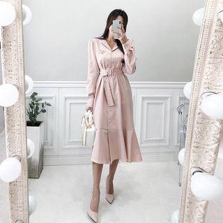 Belted Flounced Long Coatdress