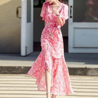 Set: Puff-sleeve Flower Print Blouse + Ruffle Hem Asymmetrical Maxi Skirt
