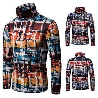 Long-sleeve Turtle-neck Printed Knit Top