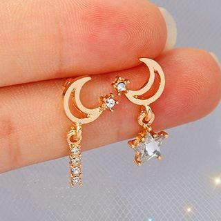 Non-matching Rhinestone Moon & Star Dangle Earring Ac1037 - 1 Pair - As Shown In Figure - One Size