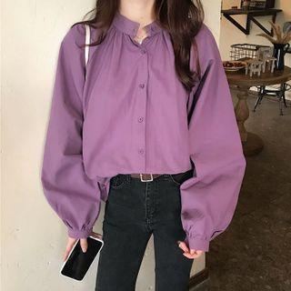 Plain Long-sleeve Blouse Purple - One Size
