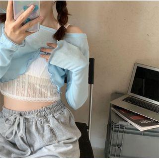 Cropped Plain Long-sleeve Top / Cropped Lace Small Suspender