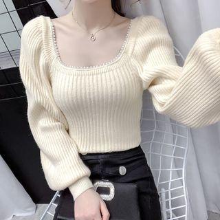 Puff-sleeve Square-neck Beaded Sweater