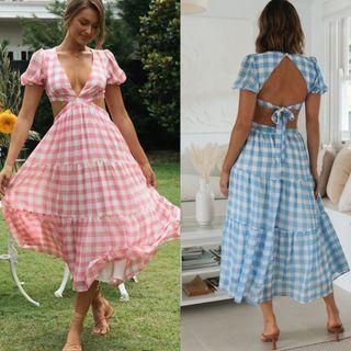 Short-sleeve Open Back Gingham Midi A-line Dress
