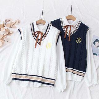 Set: Embroidered Knit Vest + Tie Neck Shirt