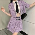 Short-sleeve Plaid Blazer / High-waist Plaid Pleated Skirt