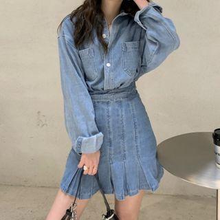 Denim Shirt / Pleated Mini A-line Skirt