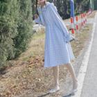 Plaid Long-sleeve Collared Dress Sky Blue - One Size