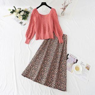 Set: Cable-knit Sweater + Flower Print Midi A-line Skirt