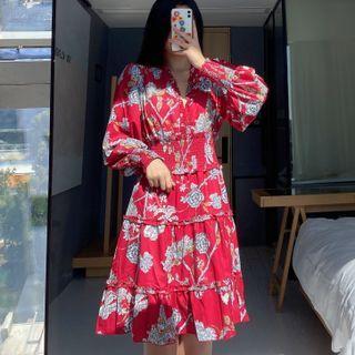 Long-sleeve V-neck Print Ruched Dress